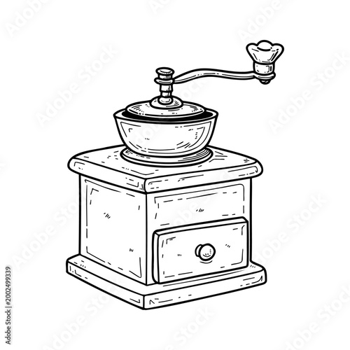 Vintage manual coffee grinder hand drawn sketch for cafe and kitchen decor