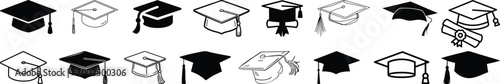 graduation cap icon set, university or college graduation hat icon, student graduation cap , student hat outline and filled vector sign. Academic cap linear and full pictogram. Education symbol, logo
