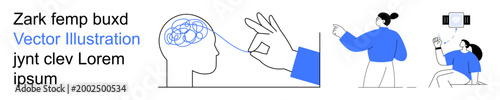 Mental health, brain function, technology interface, human interaction, innovation, digital connectivity. Abstract brain with a hand pointing, figures using devices. Mental health and technology