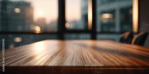 Wood table empty office blurred background front view soft light interior conference room modern brown window desk wooden surface out of focus copy space business meeting room clean minimal
