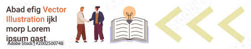 Business collaboration, education, teamwork, creativity, learning, knowledge sharing. Two individuals shaking hands, an open book with a light bulb and directional arrows. Collaboration