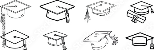 graduation cap icon set, university or college graduation hat icon, student graduation cap , student hat outline and filled vector sign. Academic cap linear and full pictogram. Education symbol, logo