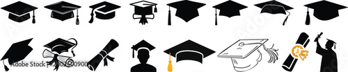 graduation cap icon set, university or college graduation hat icon, student graduation cap , student hat outline and filled vector sign. Academic cap linear and full pictogram. Education symbol, logo