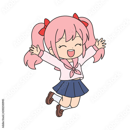 Cute anime girl jumping with joy, pink hair twin tails, school uniform