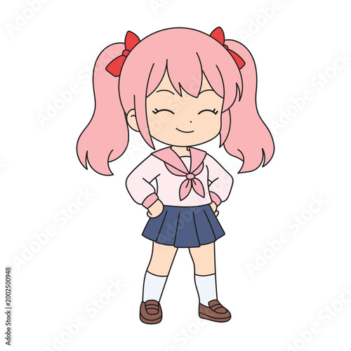 Cute anime girl standing confident with hands on hips, smiling