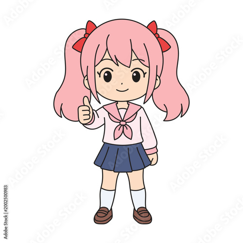 Cute anime girl giving thumbs up, smiling, pink twin tails