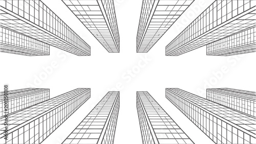 Abstract architectural wireframe showing perspective view of skyscraper buildings from bottom
