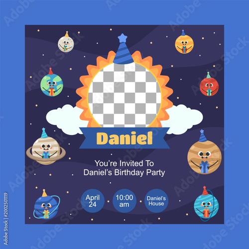 Cute Children's birthday Instagram post template with space and planets