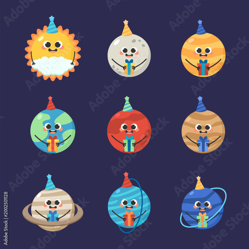 Cute Doodle Planets With Party Hat and Gift Box Illustration