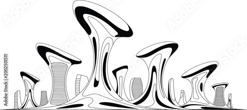 Surreal alien city buildings abstract futuristic organic shapes and structures