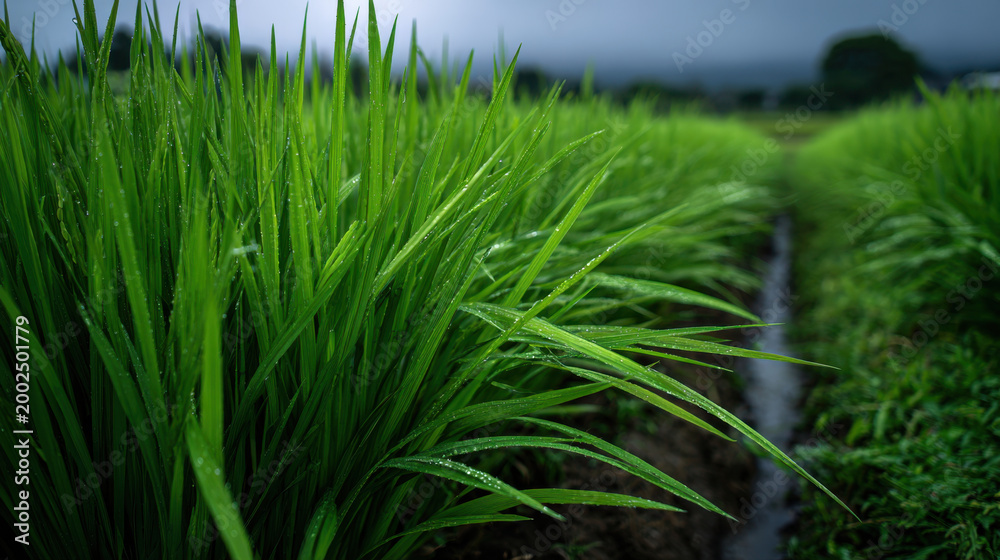 Obraz premium Rice field green plant close up curved contour wet leaf crop row agricultural field rural landscape fresh growth tropical farm