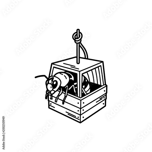 Wasp trapped in a wooden hanging crate line art illustration
