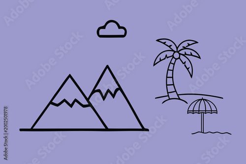 Minimalist island scene with mountains palm tree and beach umbrella