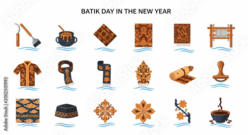 Illustration of Batik designs and tools collection.