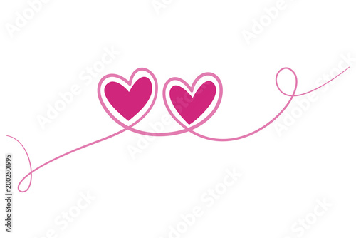 Two hearts, One line art. Love heart line drawing. Valentine's Day, Love, template, greeting cards and invitations. Vector illustration.Continuous one line.
