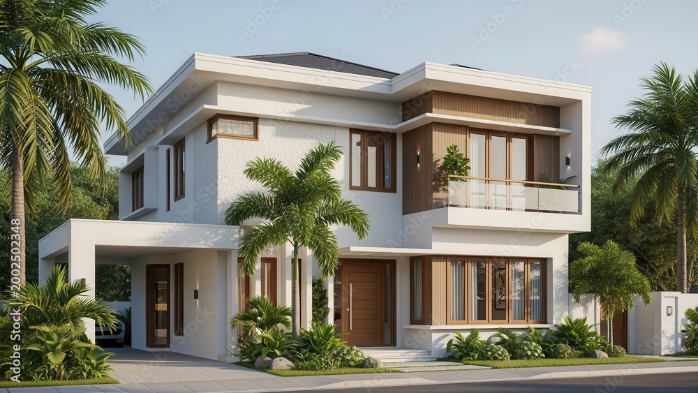 Fototapeta premium Modern two-story house exterior design with tropical garden