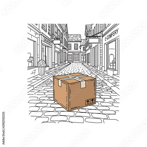 Cardboard delivery box on a cobblestone city street illustration