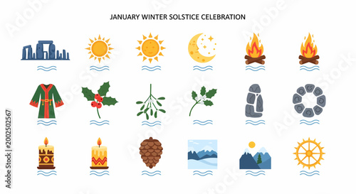 January winter solstice celebration icons set.