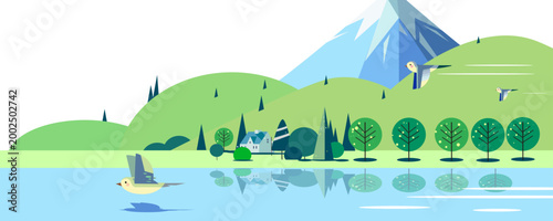 富士山と湖の風景イラスト、編集可能なベクター素材、コピースペース付き、クリーンパス