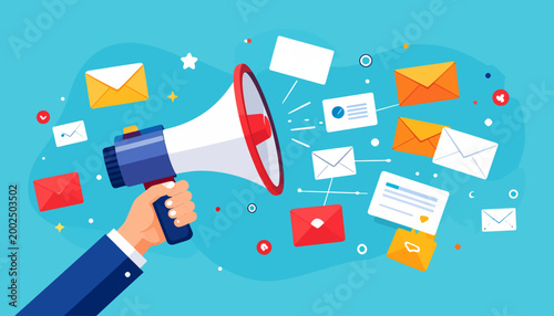 Megaphone broadcasting messages and emails to a wide audience, illustrating digital communication and marketing campaigns