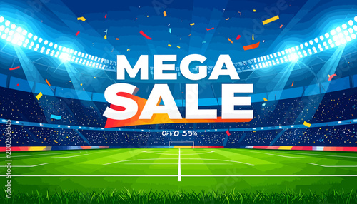 Experience the thrill of a stadium-sized discount event, bathed in bright lights with festive confetti, announcing a significant promotional opportunity for sport enthusiasts