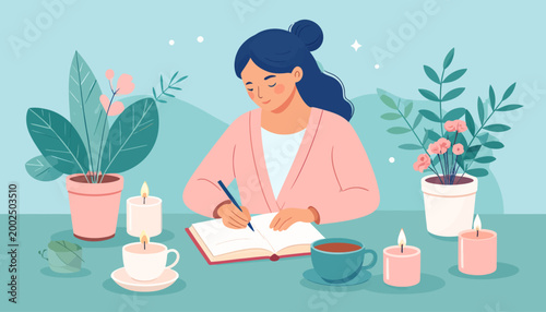 Woman writing in a journal surrounded by plants and candles, creating a calm and peaceful atmosphere for reflection and self-care