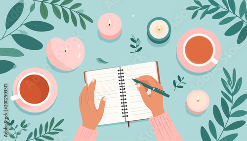Nurturing Your Inner Peace An Overhead View of Hands Journaling, Surrounded by Warm Tea, Scented Candles, and Relaxing Greenery for Mindful Self-Care