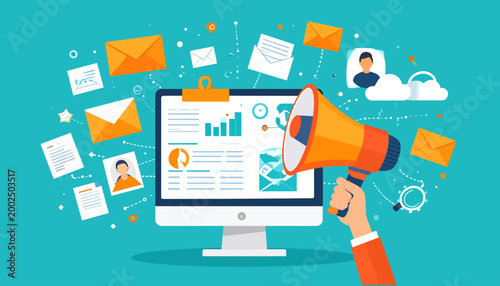 Engaging digital marketing and online advertising concept showcasing business strategy, communication channels, and public relations announcements via megaphone