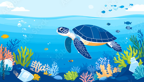 Oceanic Ecosystem in Peril A Sea Turtle Swims Amidst Plastic Waste, Emphasizing the Critical Challenge of Marine Pollution and Conservation