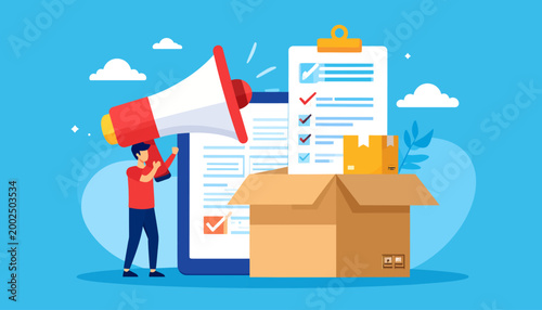 Illustration of a person holding a megaphone next to a checklist and delivery box, symbolizing promotion and successful delivery