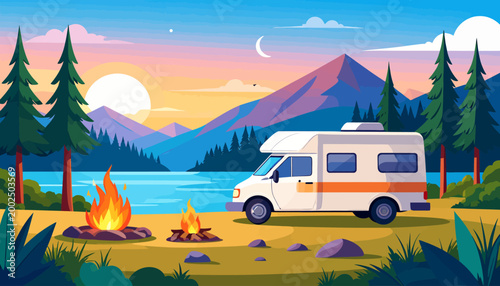 Camper van camping by a serene lake at sunset with a warm campfire, majestic mountains, and lush pine trees, perfect for nature travel and outdoor adventure illustrations