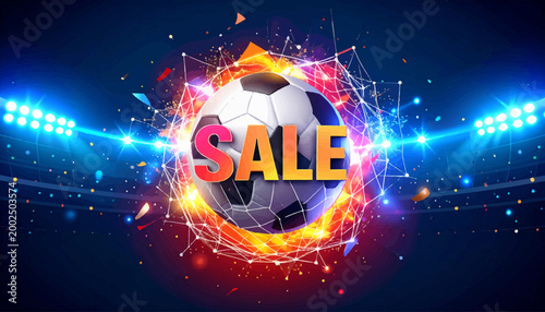 Football Championship Sale Banner with Glowing Abstract Network and Spotlights in a Stadium
