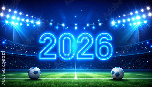 Illuminate your spirit with the vibrant glow of the 2026 global soccer championship on a brightly lit stadium field featuring two pristine soccer balls