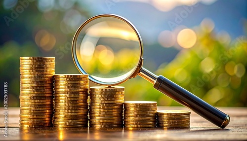 金貨と虫眼鏡を使ってローン審査や融資の状況を確認する様子です