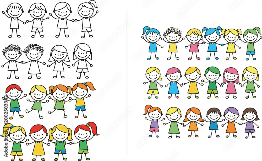 Obraz premium Cute diverse children groups in doodle style with black outline and colorful variations, representing friendship, teamwork, diversity, and happy childhood community illustration set