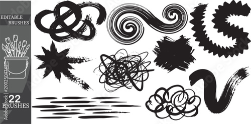 Set of 22 chaotic black brush strokes, hand drawn ink scribbles, spirals and jagged paint vectors.