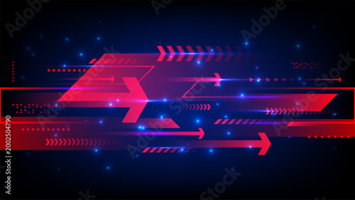 Futuristic digital background with high speed red arrows and geometric shapes racing across dark blue space with glowing light streaks, technology data transfer and internet connectivity