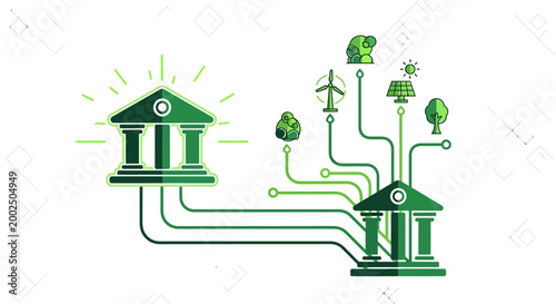 Illustration of a green bank building with pipes connecting to another building and various icons, conveying a financial or technological concept.