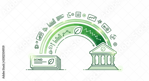 Illustration of a green arc with financial icons above a bank and a credit card on a white background.