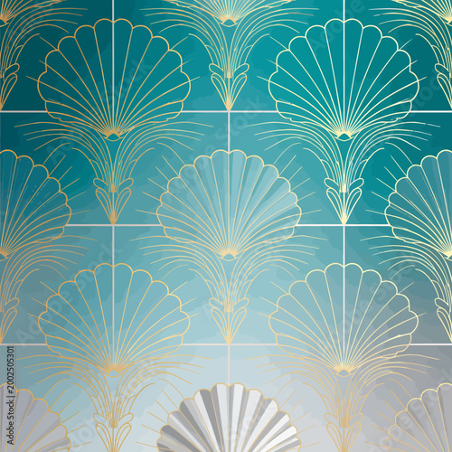 Luxury Art Deco Teal and Gold Shell Pattern for Premium Branding and Interior Design Aesthetics

