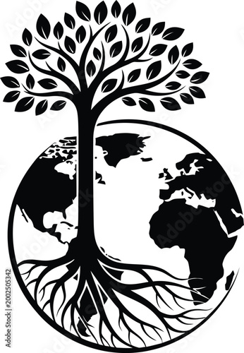 фотографія A strong, leafy tree with roots growing organically from the Earth globe
