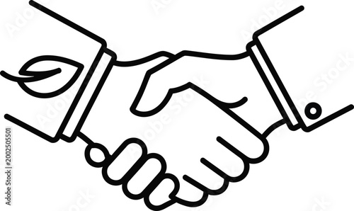Two hands shake, with one sleeve featuring a green leaf symbol.
