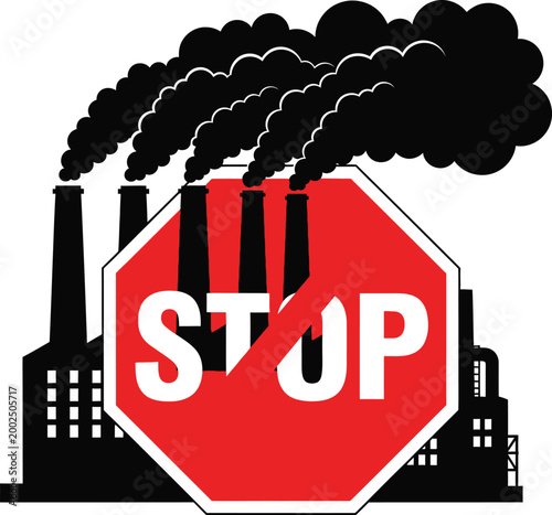 A stark 'STOP' sign positioned in front of polluting factories.