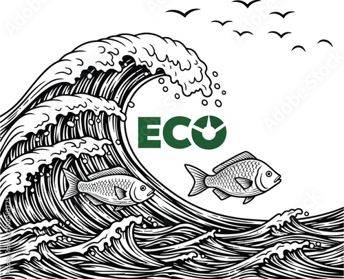 A powerful ocean wave with fish and the 'ECO' text flowing.