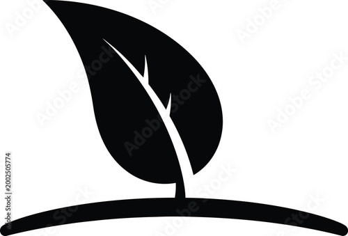 A simple black green leaf resting on a subtle curve.