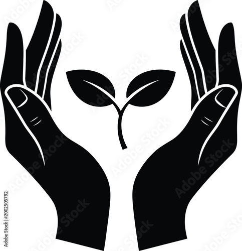 Two cupped hands gently holding a small plant with leaves.