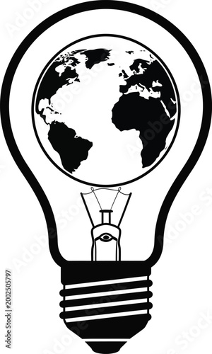 A globe is thoughtfully encased within a lightbulb outline on white.