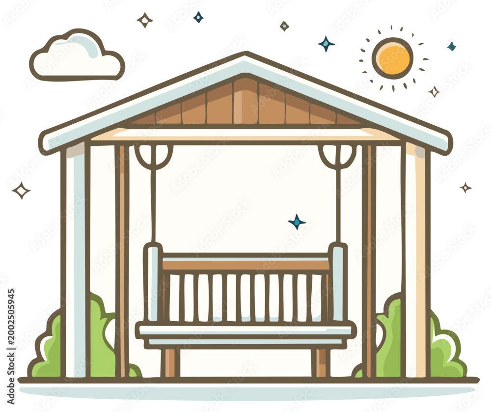 Obraz premium Cozy wooden porch swing pavilion with sunshine and clouds illustration