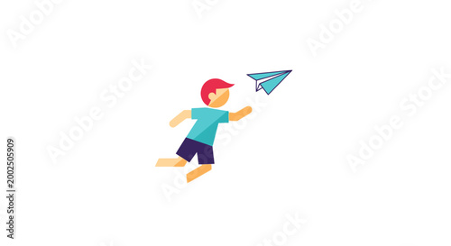Boy Running with Paper Airplane Toy.
