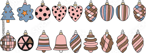 Retro holiday ornament set with pink and blue baubles and bells